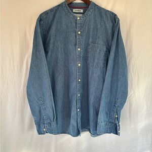 Good Threads Mens Light Wash Denim Band Collar Minimalist Shirt | Size XL
